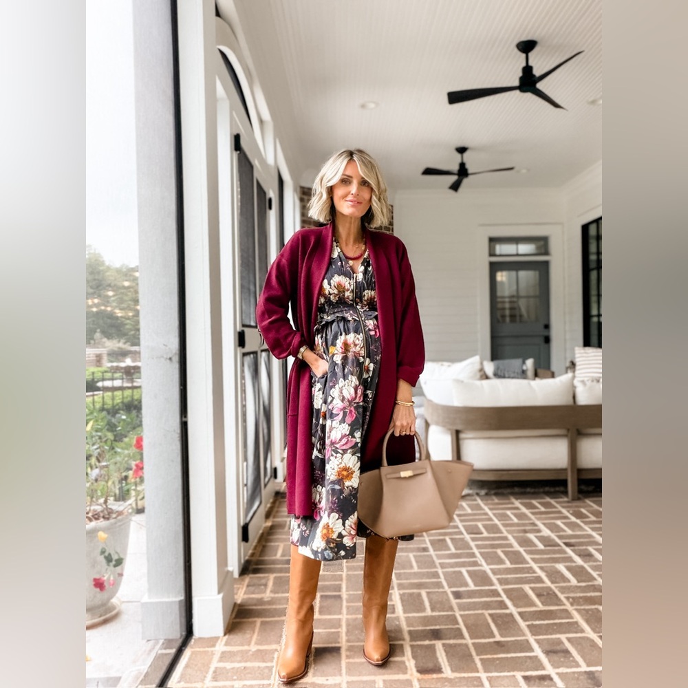 Floral Midi Dress with Burgundy Cardigan - Elegant Women's Outfit